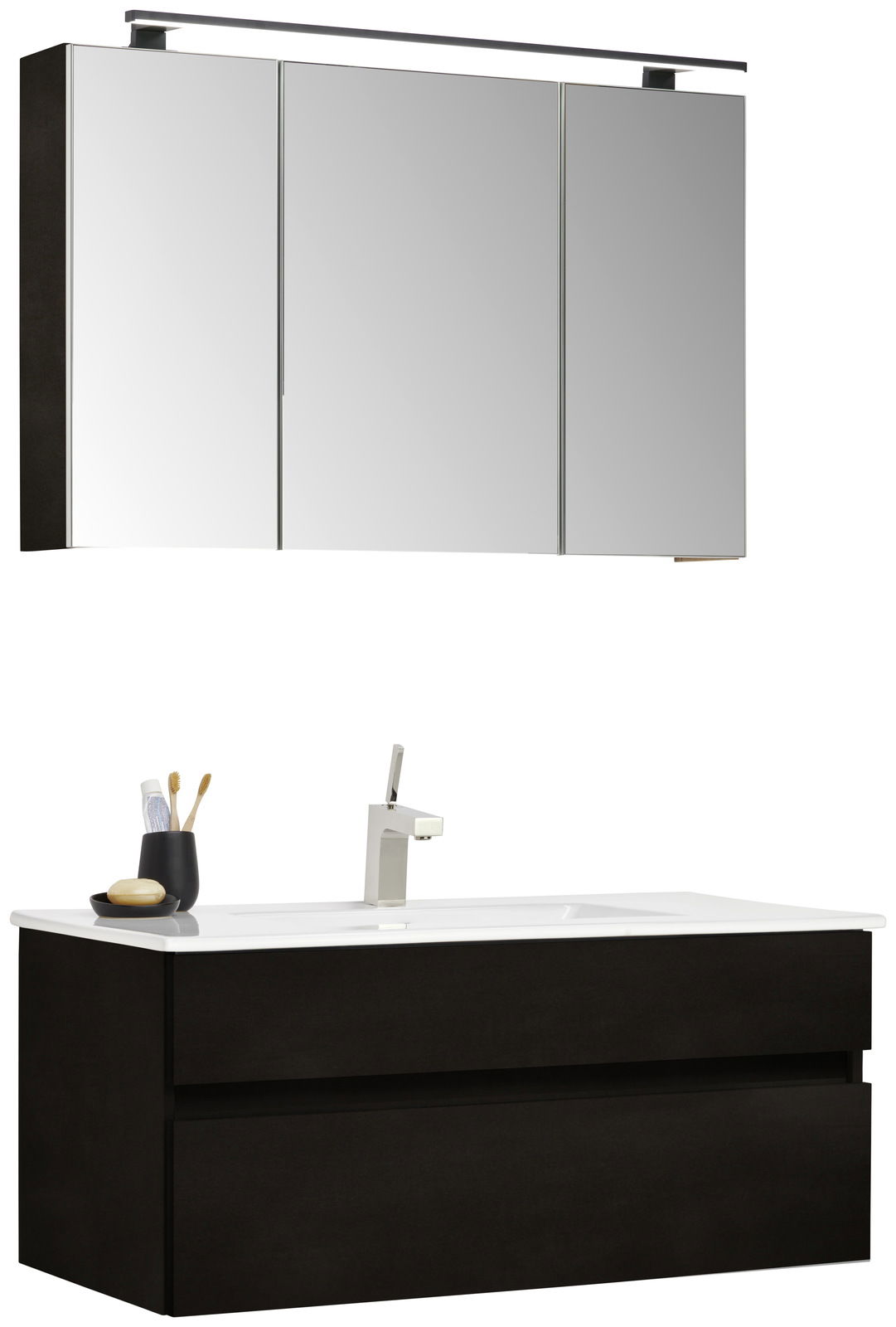 Novel Badblock NV.210 Moderner Badblock mit Spiegelschrank und Waschbecken, seitliche Perspektive