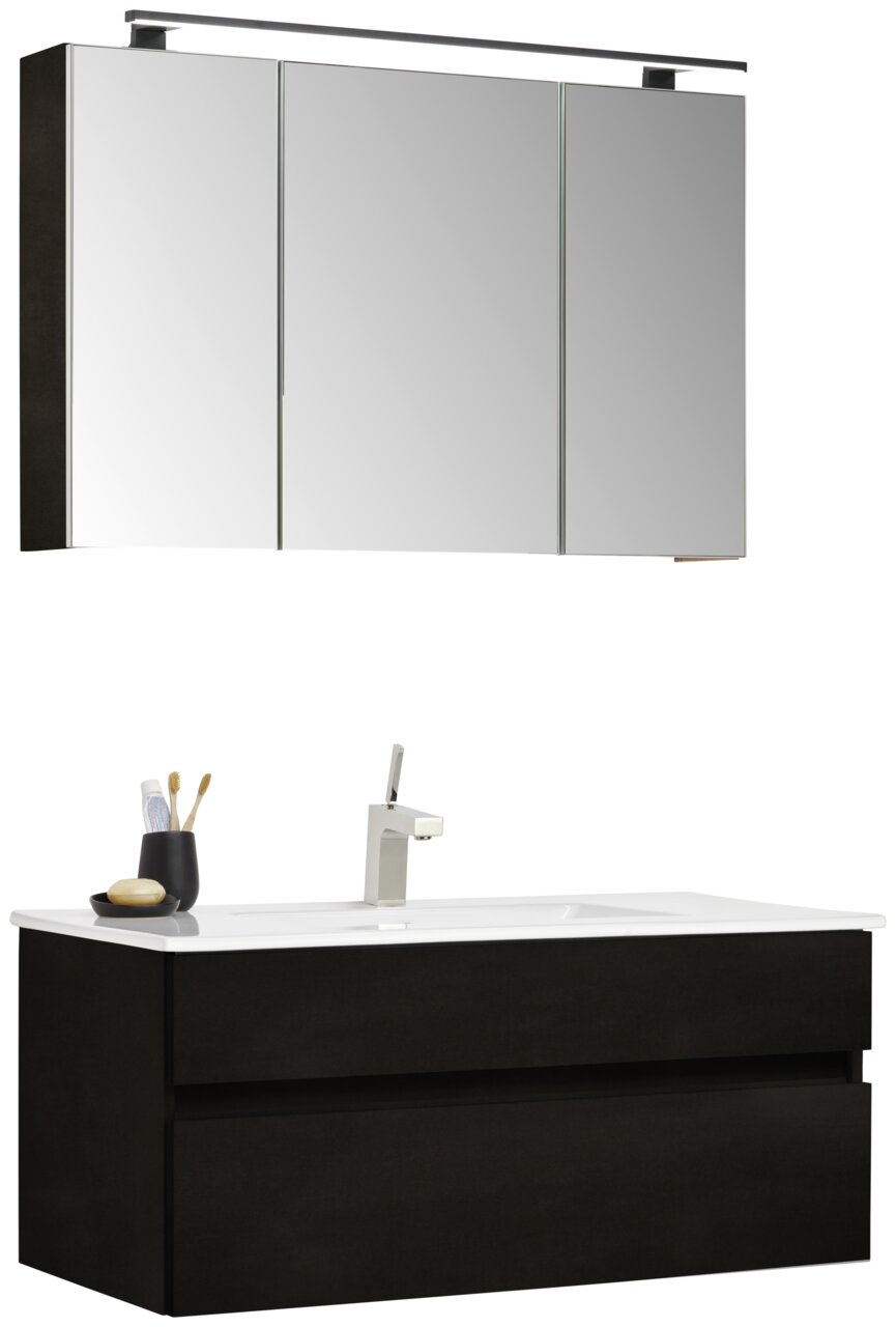 Moderner Badblock mit Spiegelschrank und Waschbecken, seitliche Perspektive