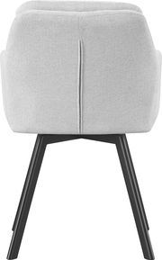 Beiger, gepolsterter Polsterstuhl mit schwarzem Metallgestell, Rückansicht in gerader Perspektive vor weißem Hintergrund