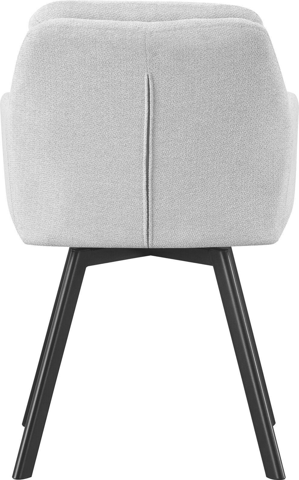 Beiger, gepolsterter Polsterstuhl mit schwarzem Metallgestell, Rückansicht in gerader Perspektive vor weißem Hintergrund