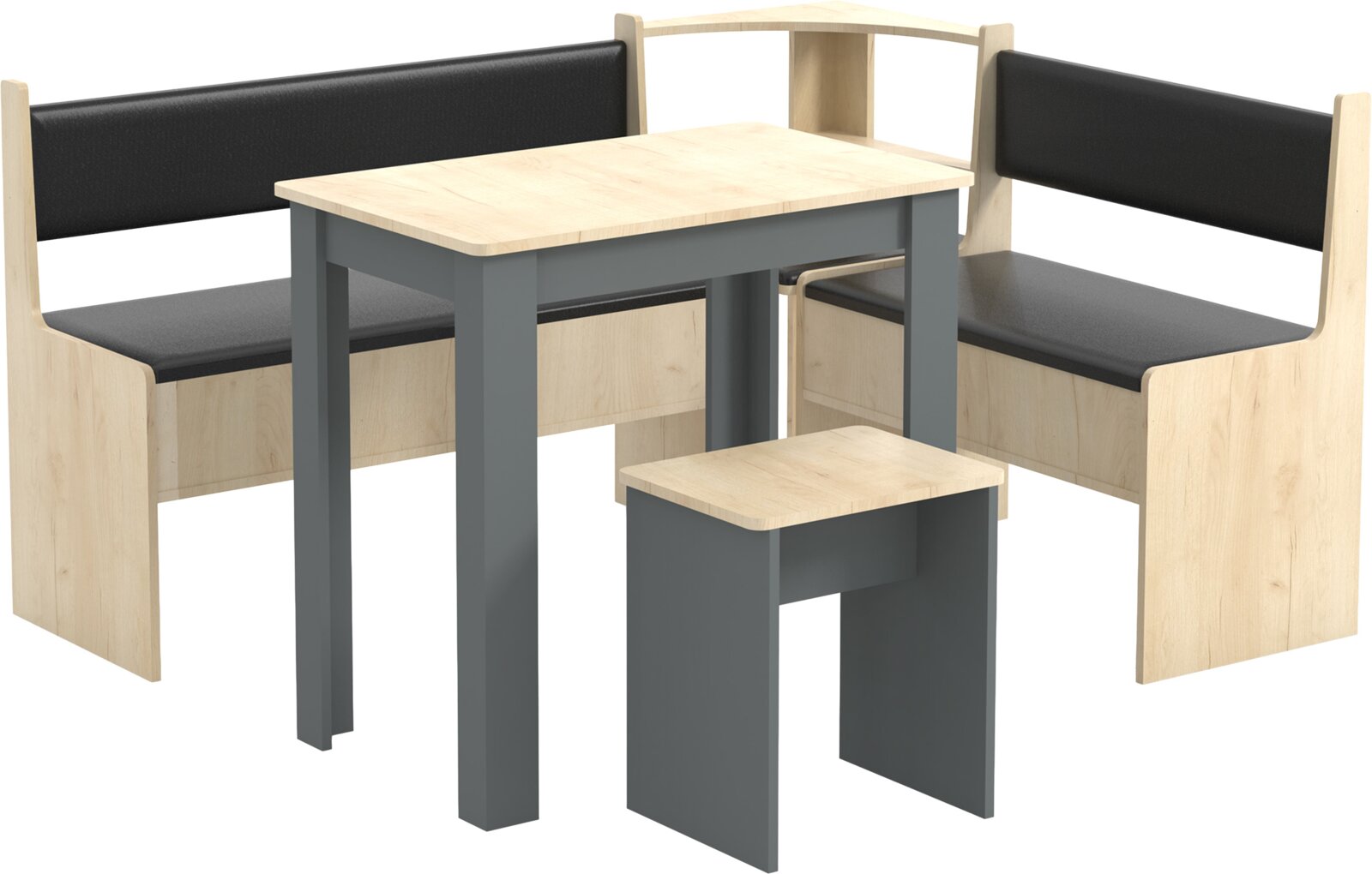 Essgruppe mit zwei gepolsterten Eckbänken, Tisch und Hocker in Holzoptik mit grauem Gestell und schwarzen Sitzflächen, Ansicht schräg von vorne