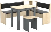Essgruppe mit zwei gepolsterten Eckbänken, Tisch und Hocker in Holzoptik mit grauem Gestell und schwarzen Sitzflächen, Ansicht schräg von vorne