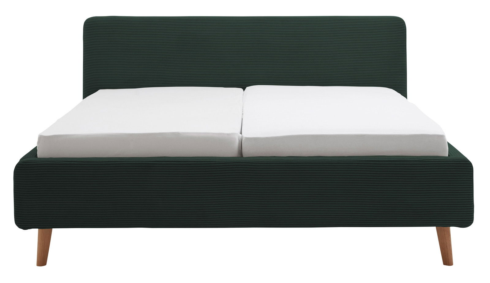 Frontale Ansicht eines Polsterbetts mit dunkelgrünem Stoffbezug und weißen Matratzen, auf Holzfüßen stehend.