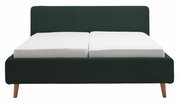 Frontale Ansicht eines Polsterbetts mit dunkelgrünem Stoffbezug und weißen Matratzen, auf Holzfüßen stehend.