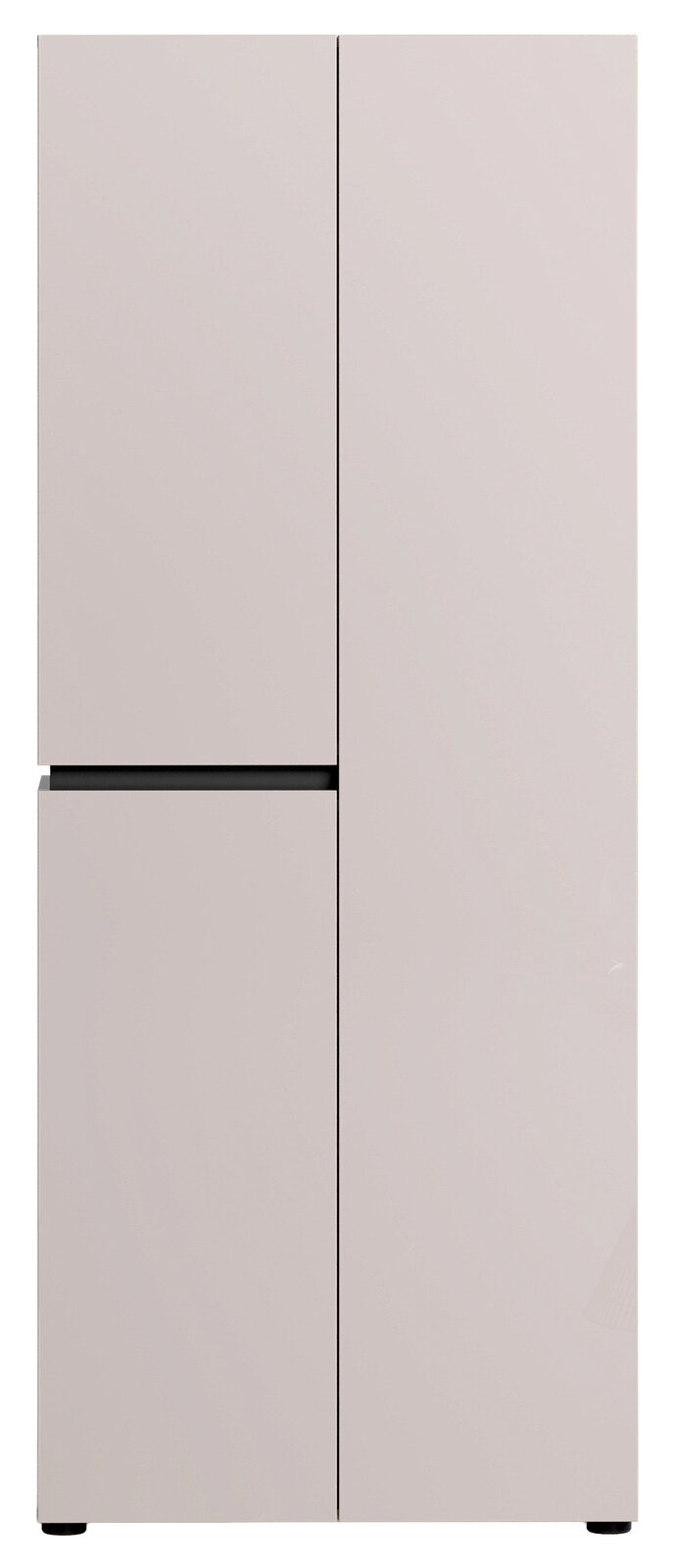 Minimalistischer, freistehender Kühlschrank in hellem Beige mit glatter Front und schwarzer Griffleiste, frontal von vorne fotografiert.