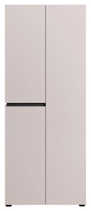 Minimalistischer, freistehender Kühlschrank in hellem Beige mit glatter Front und schwarzer Griffleiste, frontal von vorne fotografiert.