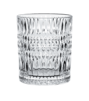 Nahaufnahme eines transparenten Trinkglases mit Ethno-Muster, frontal betrachtet.