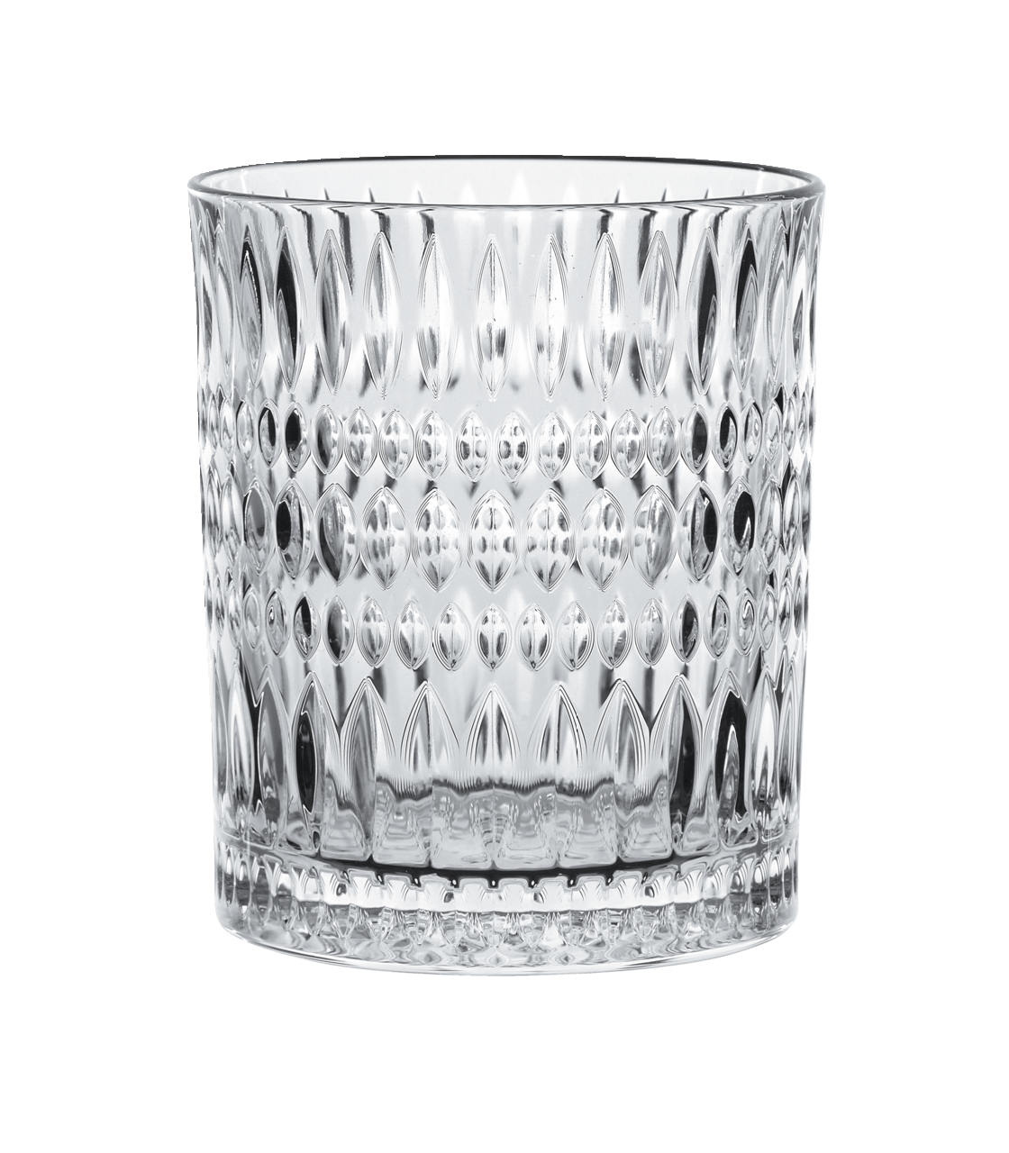 Nahaufnahme eines transparenten Trinkglases mit Ethno-Muster, frontal betrachtet.