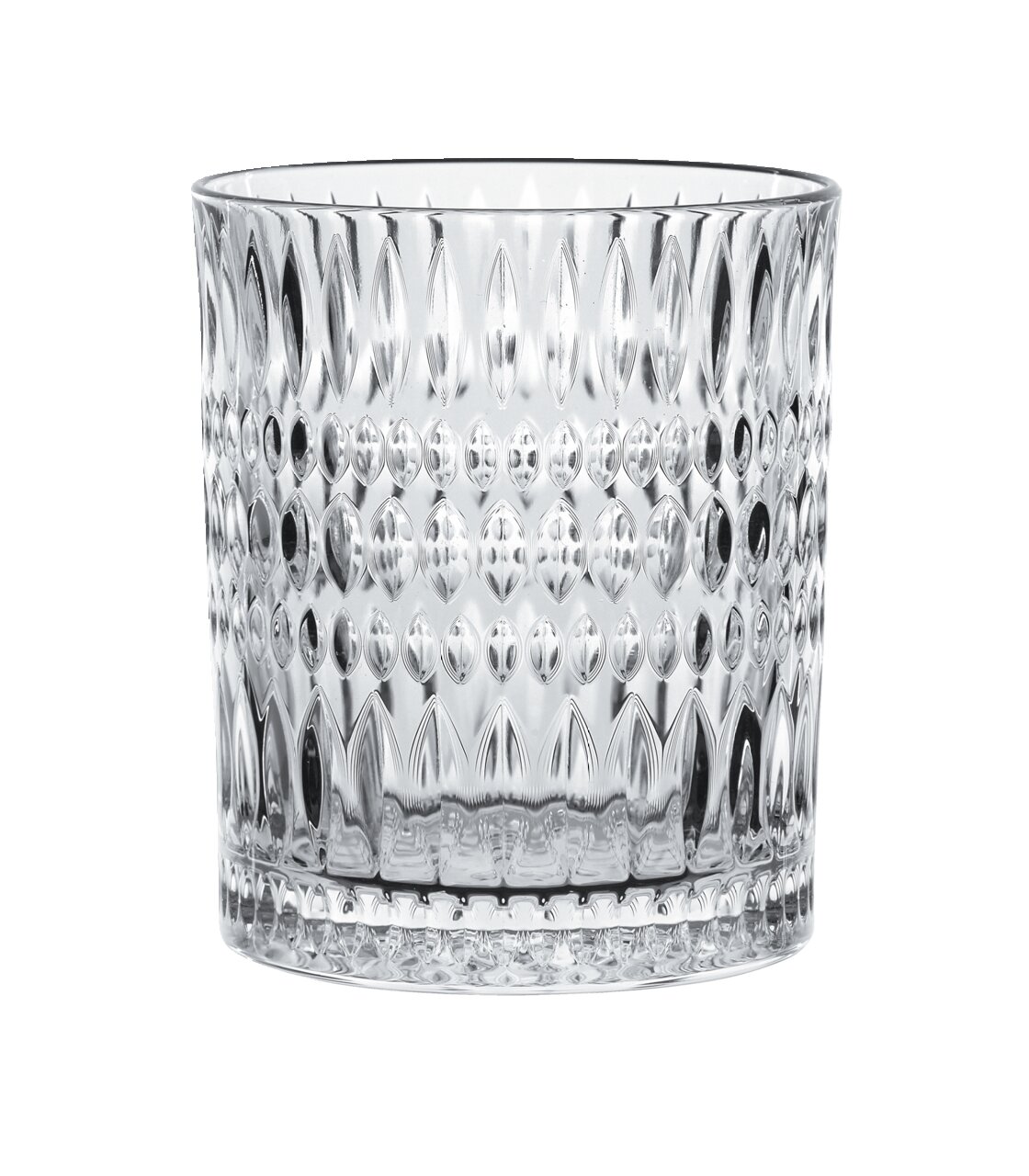 Nahaufnahme eines transparenten Trinkglases mit Ethno-Muster, frontal betrachtet.