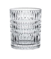 Nahaufnahme eines transparenten Trinkglases mit Ethno-Muster, frontal betrachtet.