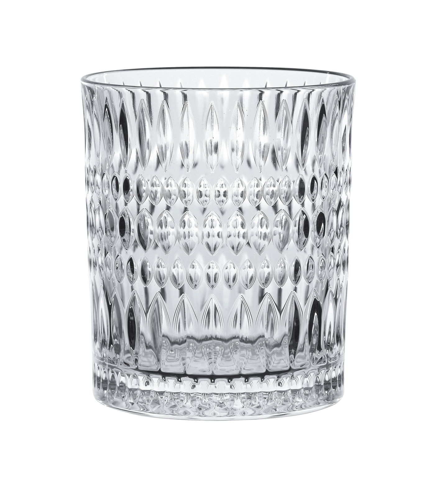 Nahaufnahme eines transparenten Trinkglases mit Ethno-Muster, frontal betrachtet.