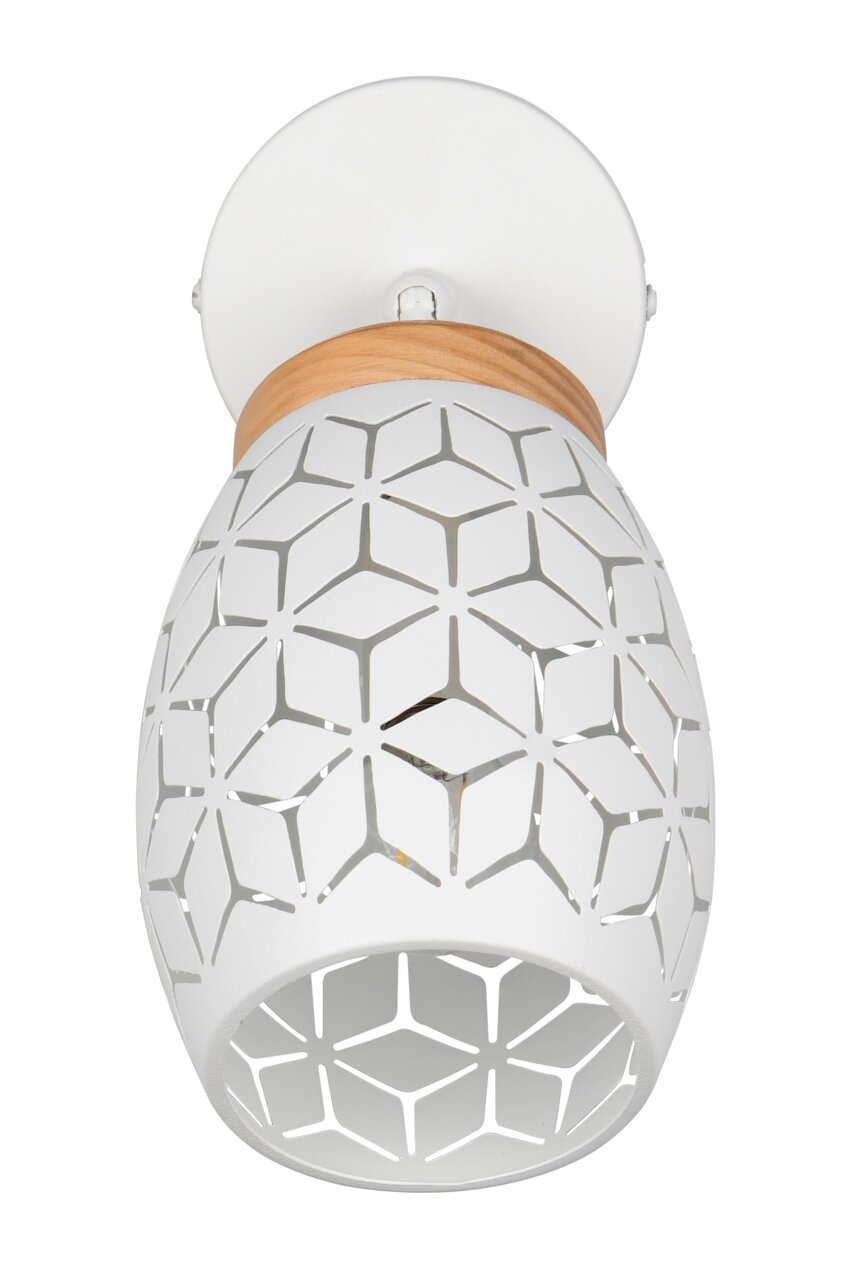 Deckenstrahler mit weißem, geometrisch durchbrochenem Schirm und Holzdetail, Ansicht von unten