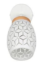 Deckenstrahler mit weißem, geometrisch durchbrochenem Schirm und Holzdetail, Ansicht von unten