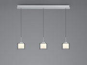 Moderne LED-Pendelleuchte mit drei zylindrischen Lampenschirmen, frontal betrachtet.