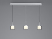 Moderne LED-Pendelleuchte mit drei zylindrischen Lampenschirmen, frontal betrachtet.