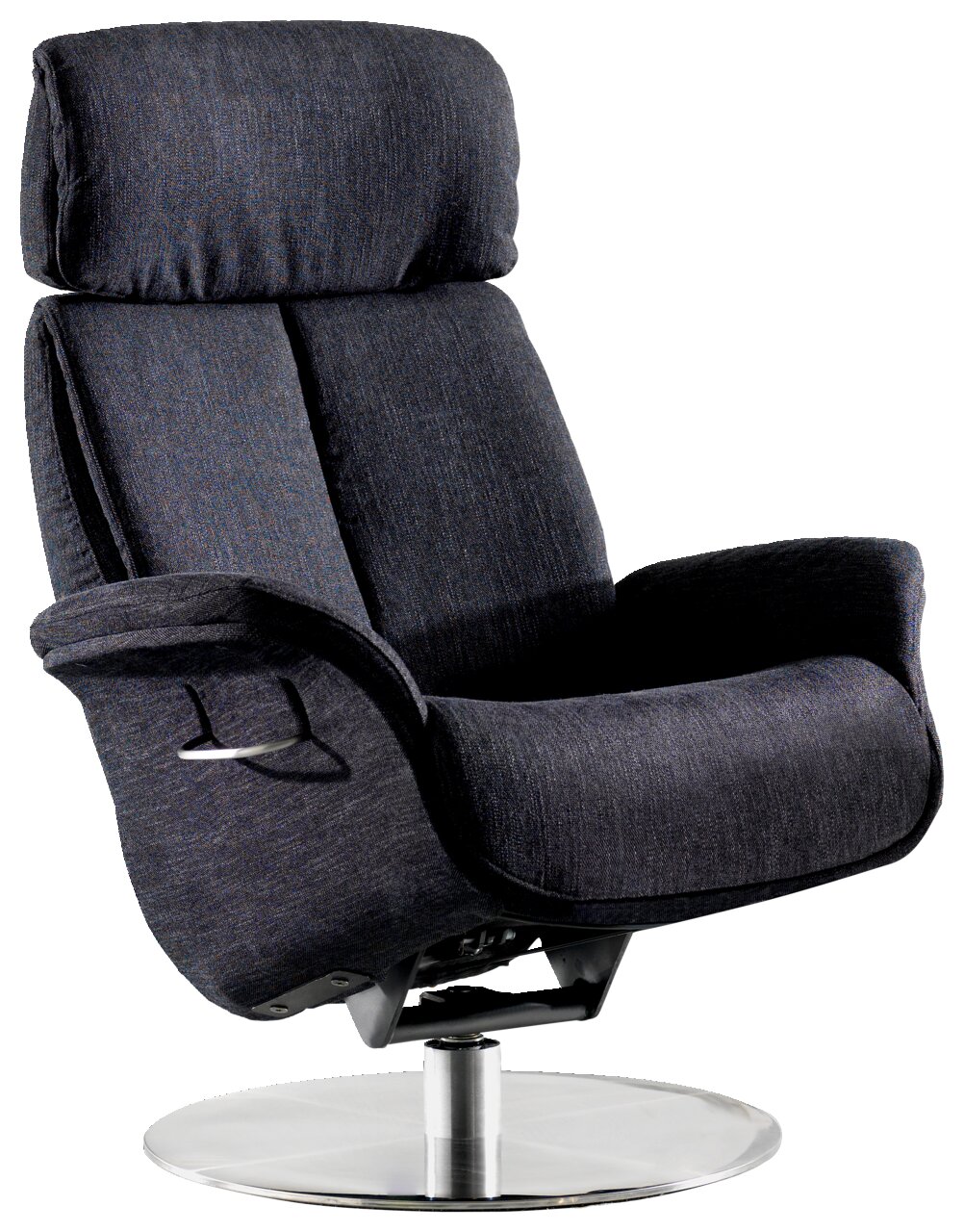 Moderne relaxfauteuil met donkere stoffen bekleding, zijaanzicht