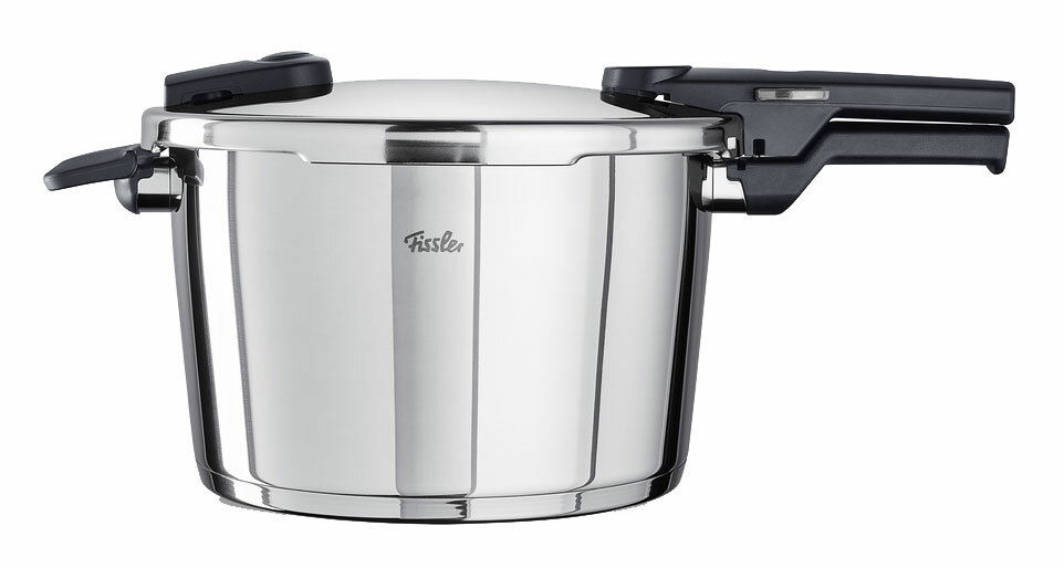 Fissler Schnellkochtopf VITAQUICK Schnellkochtopf aus Edelstahl, seitliche Ansicht mit geschlossenem Deckel und schwarzen Griffen