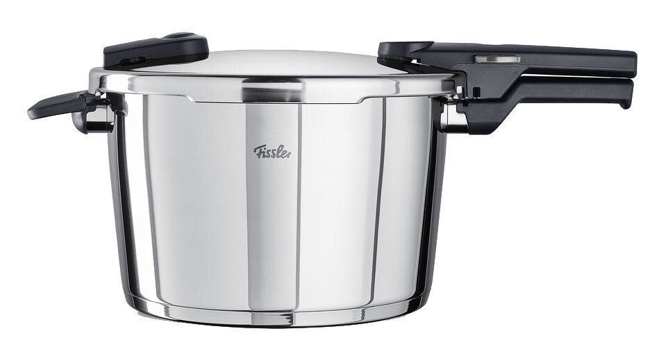 Schnellkochtopf aus Edelstahl, seitliche Ansicht mit geschlossenem Deckel und schwarzen Griffen