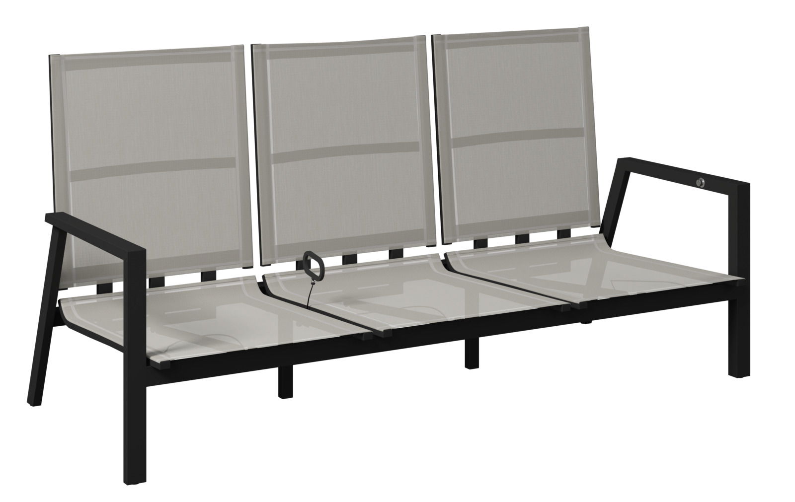 Gartenbank 3er mit schwarzem Metallrahmen und beigem Textilgewebe, seitliche Perspektive