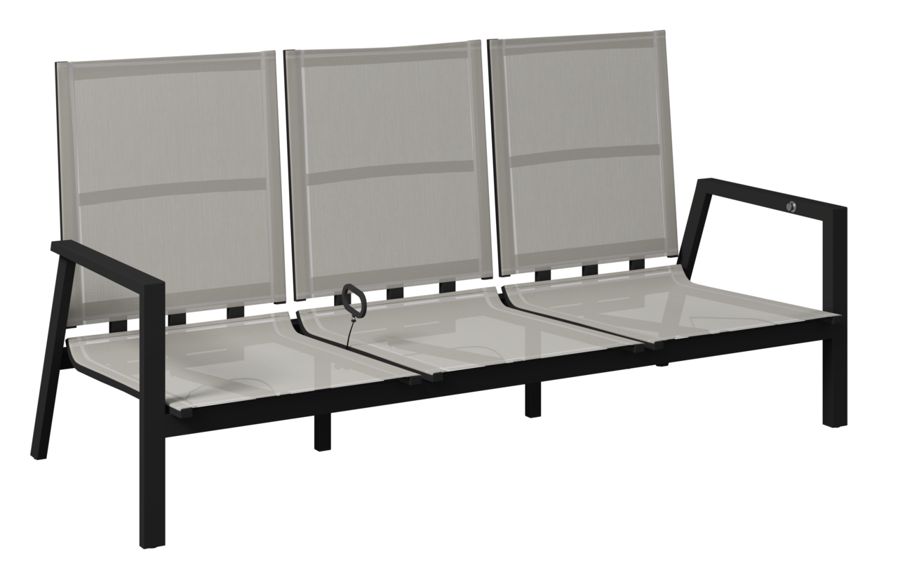 Gartenbank 3er mit schwarzem Metallrahmen und beigem Textilgewebe, seitliche Perspektive