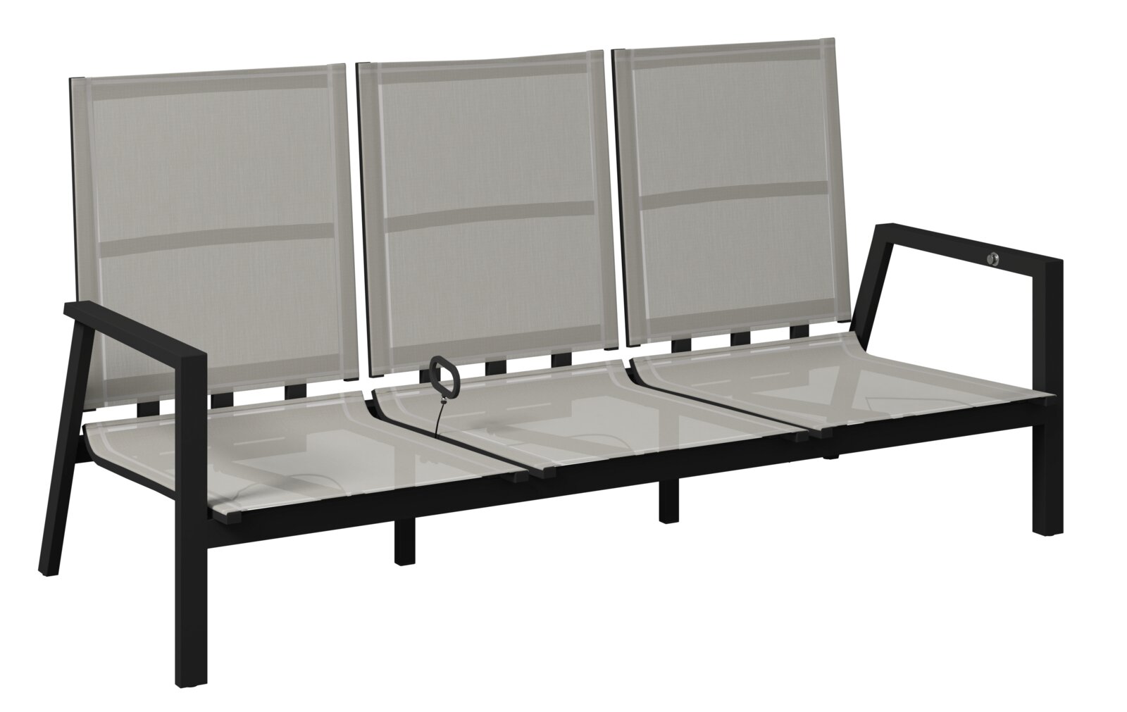 Tuinbank voor drie personen met zwart metalen frame en beige textielbekleding, zijaanzicht