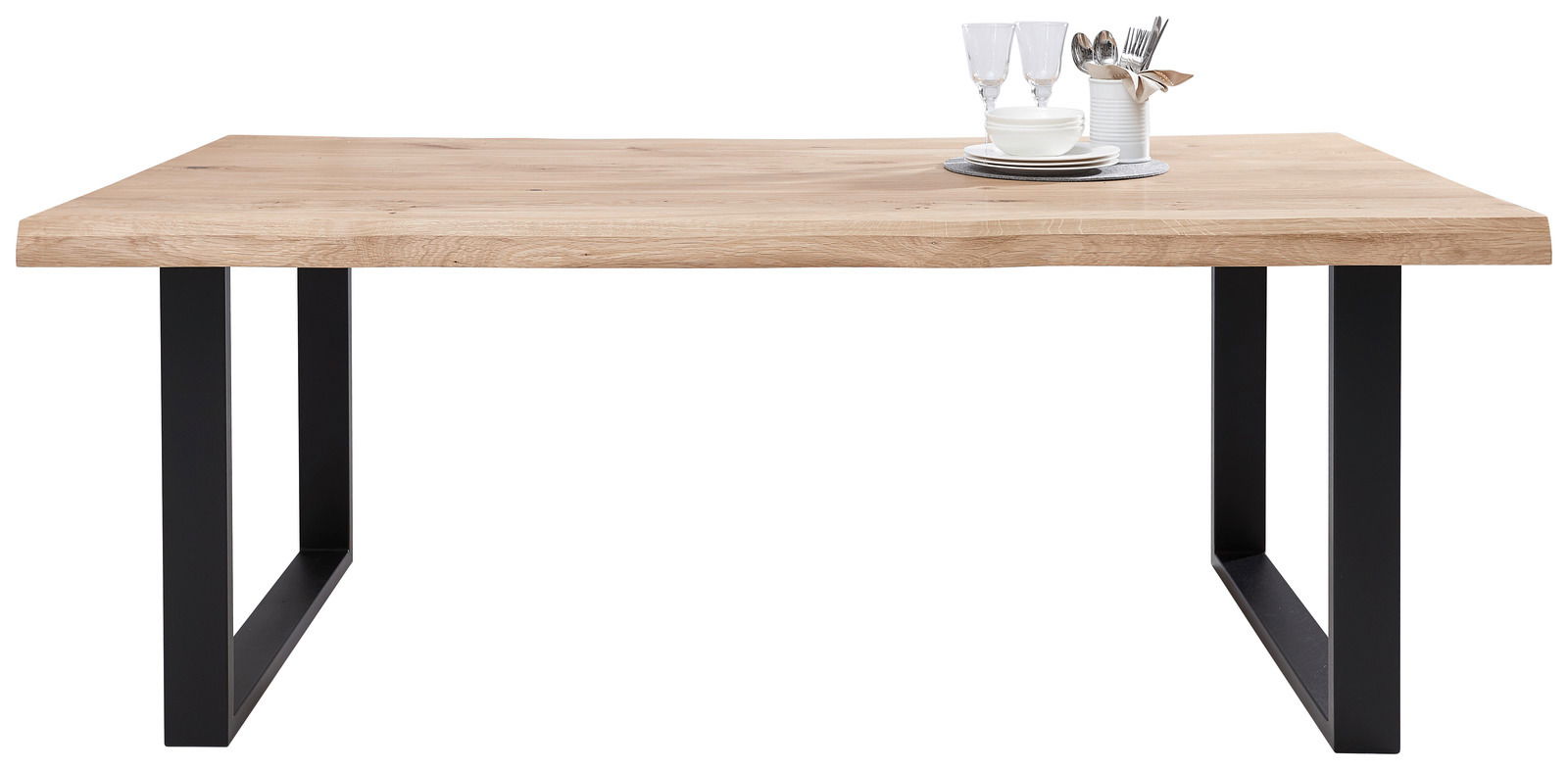 Moderner Esstisch aus Holz mit schwarzem Metallgestell, seitliche Perspektive