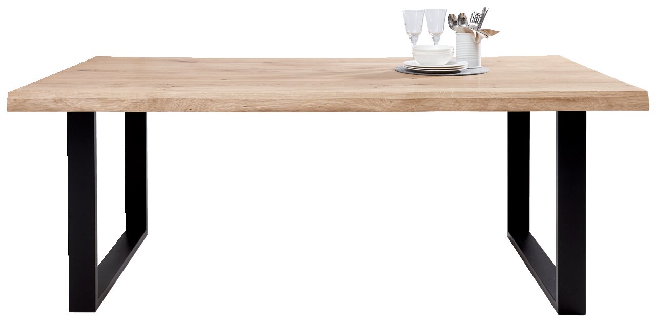 Moderner Esstisch aus Holz mit schwarzem Metallgestell, seitliche Perspektive