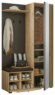 Kompakt-Garderobe aus Holz mit Spiegel, Schuhfächern, Kleiderstange und Ablagefächern, seitliche Perspektive
