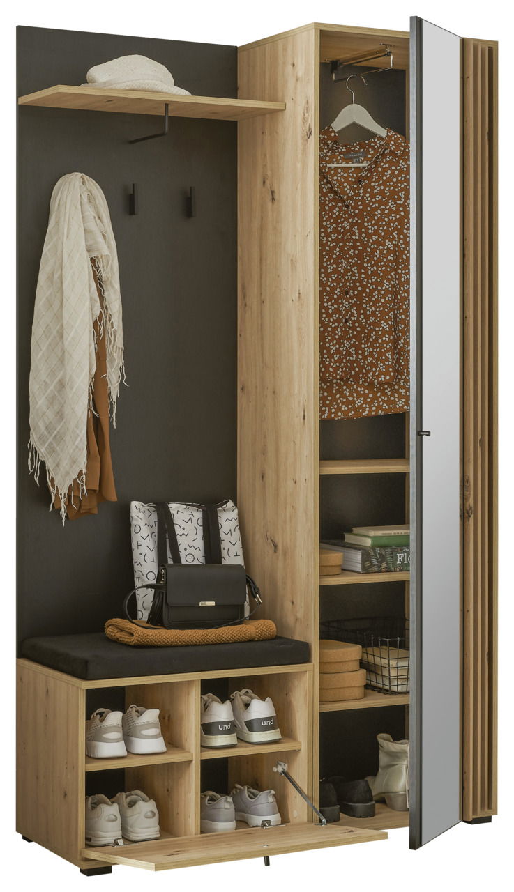 Kompakt-Garderobe aus Holz mit Spiegel, Schuhfächern, Kleiderstange und Ablagefächern, seitliche Perspektive