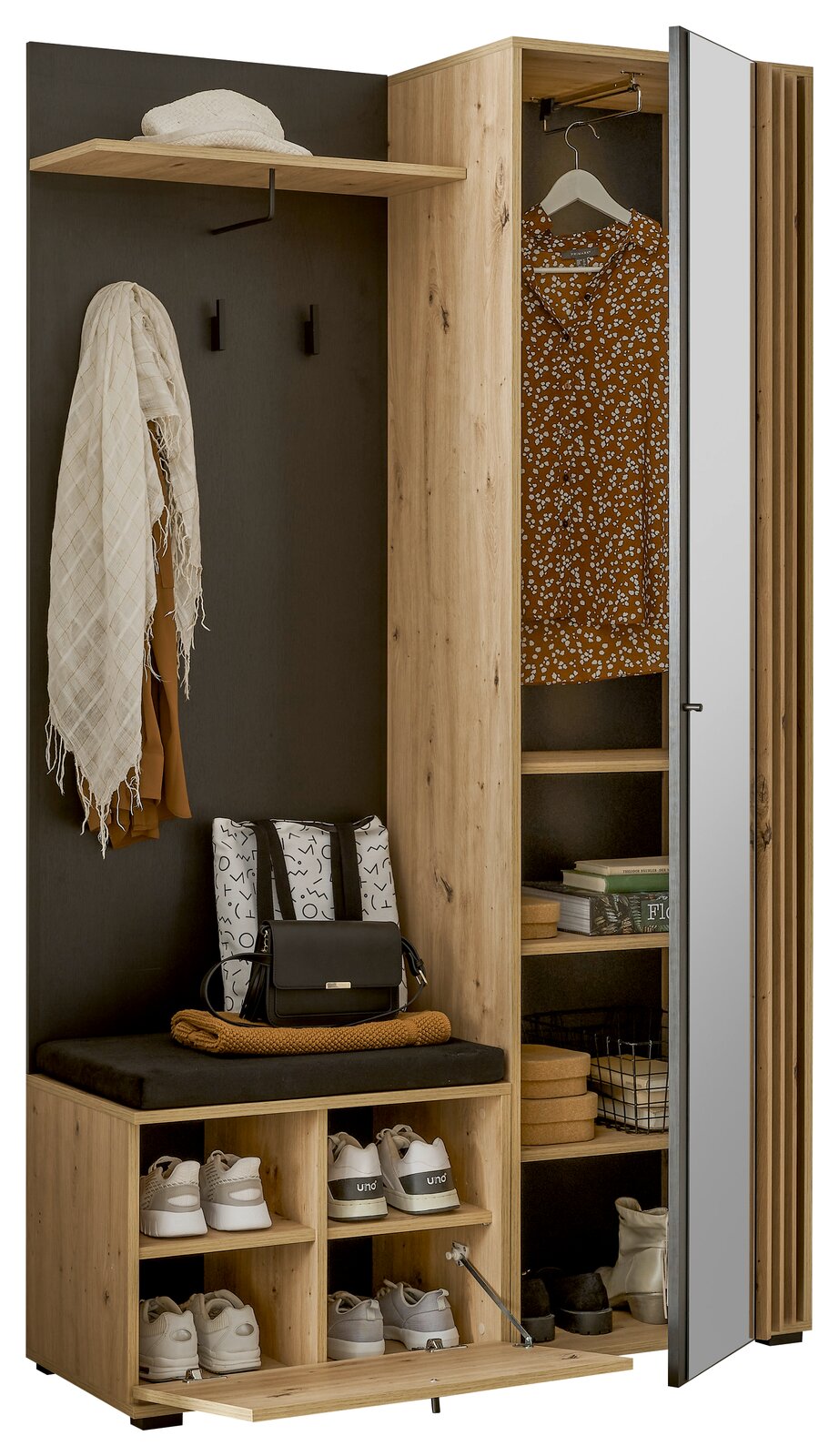 Kompakt-Garderobe aus Holz mit Spiegel, Schuhfächern, Kleiderstange und Ablagefächern, seitliche Perspektive