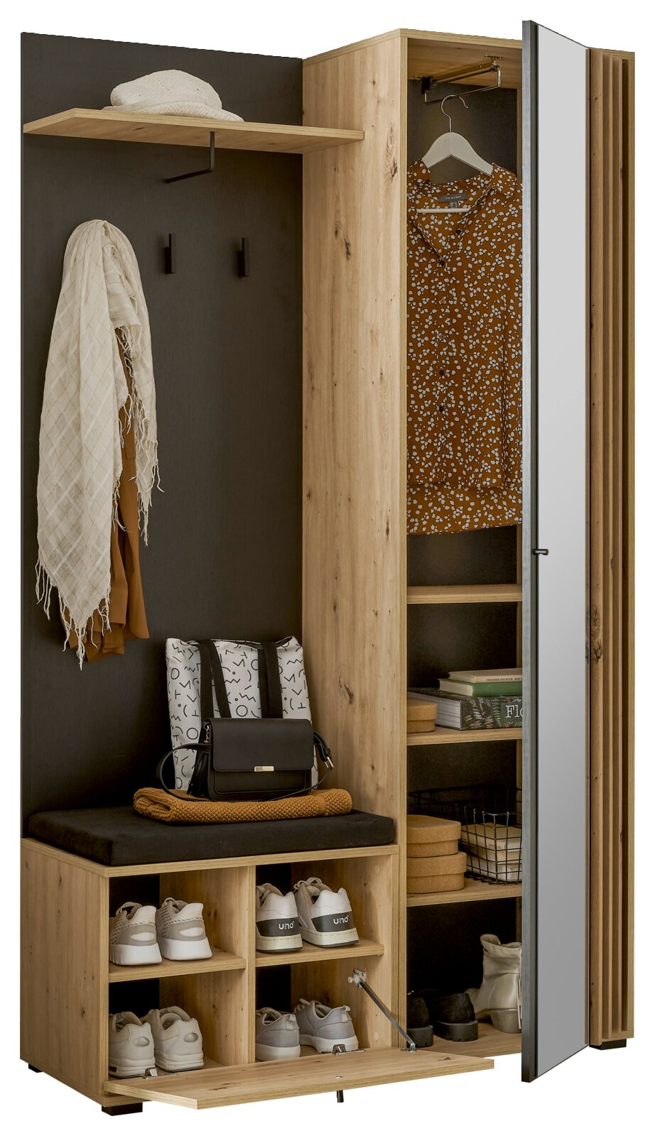 Kompakt-Garderobe aus Holz mit Spiegel, Schuhfächern, Kleiderstange und Ablagefächern, seitliche Perspektive