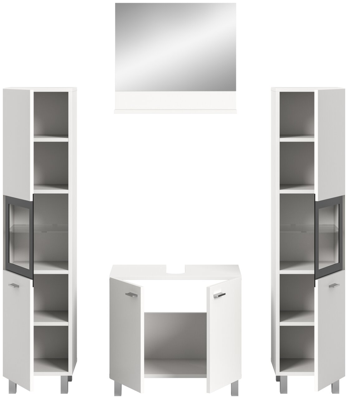 Moderne Badkombination BOSTON mit zwei hohen Schränken, einem Waschbeckenunterschrank und einem Spiegel, frontal abgebildet.