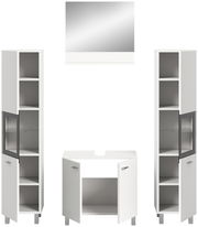 Moderne Badkombination BOSTON mit zwei hohen Schränken, einem Waschbeckenunterschrank und einem Spiegel, frontal abgebildet.