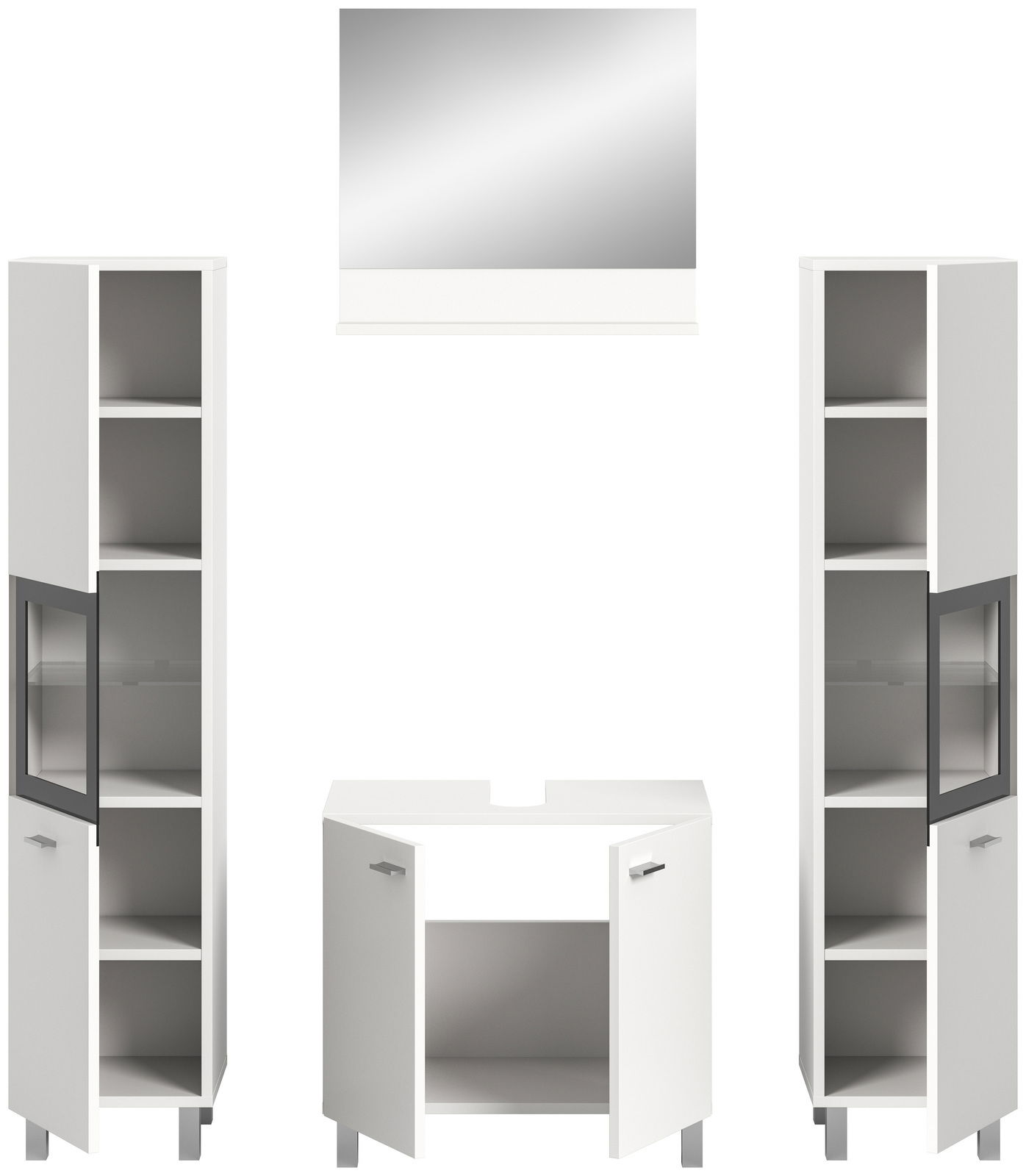 Moderne Badkombination BOSTON mit zwei hohen Schränken, einem Waschbeckenunterschrank und einem Spiegel, frontal abgebildet.