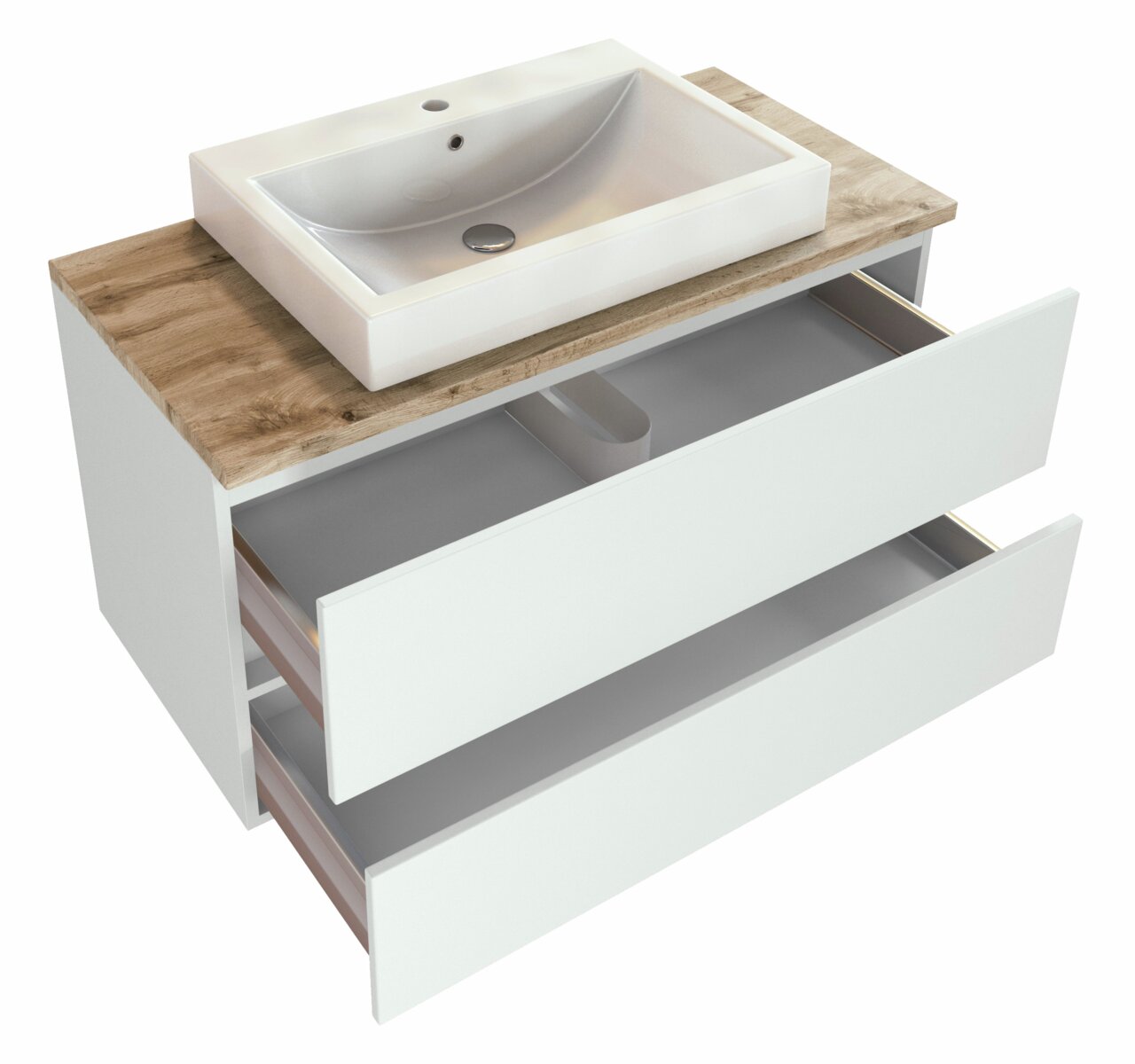 Waschtisch-Set mit weißem Waschbecken auf einer Holzplatte, darunter zwei geöffnete Schubladen, Perspektive von schräg oben