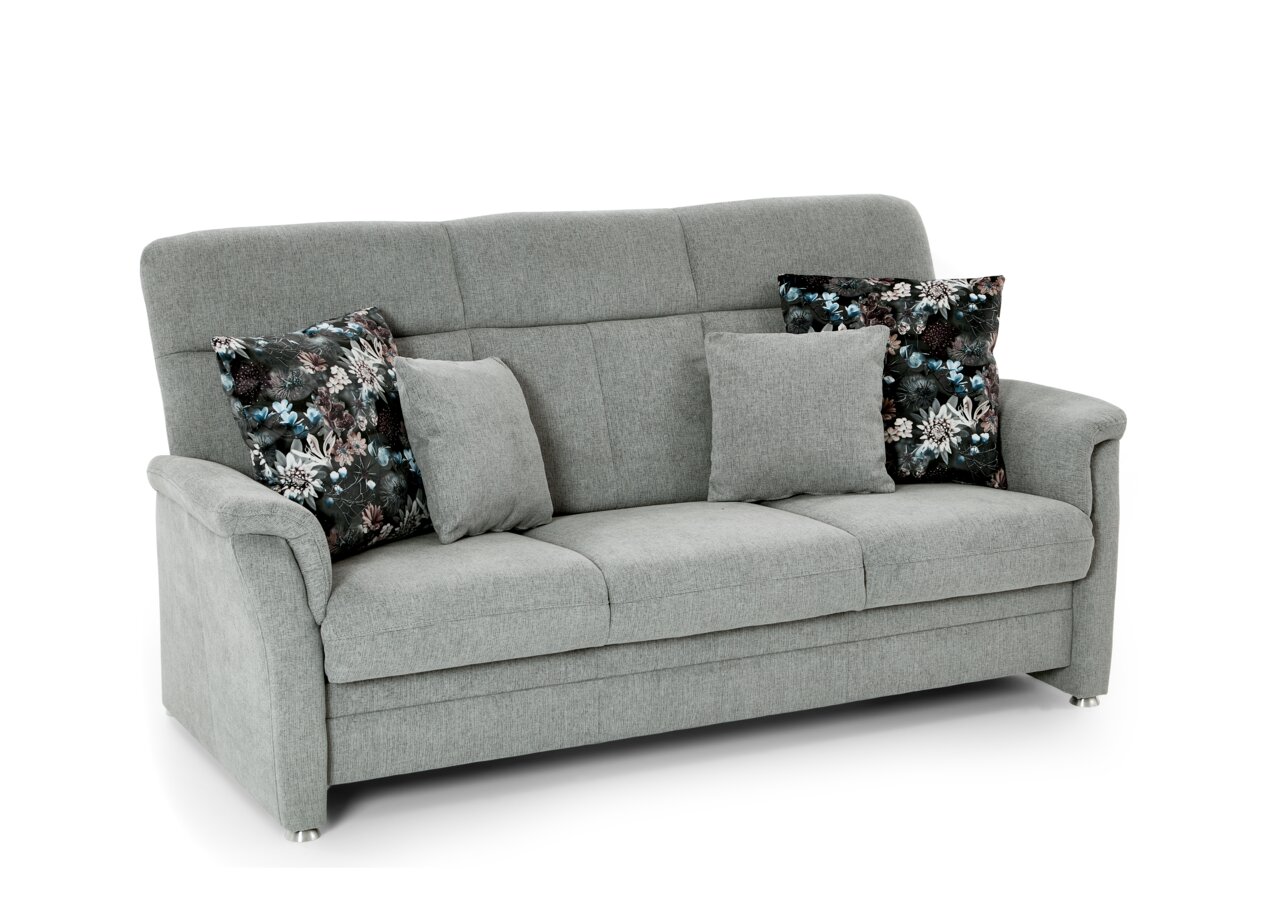 Graues 3-Sitzer-Sofa Beldomo ZARA mit zwei gemusterten und zwei einfarbigen Kissen, Frontalansicht.