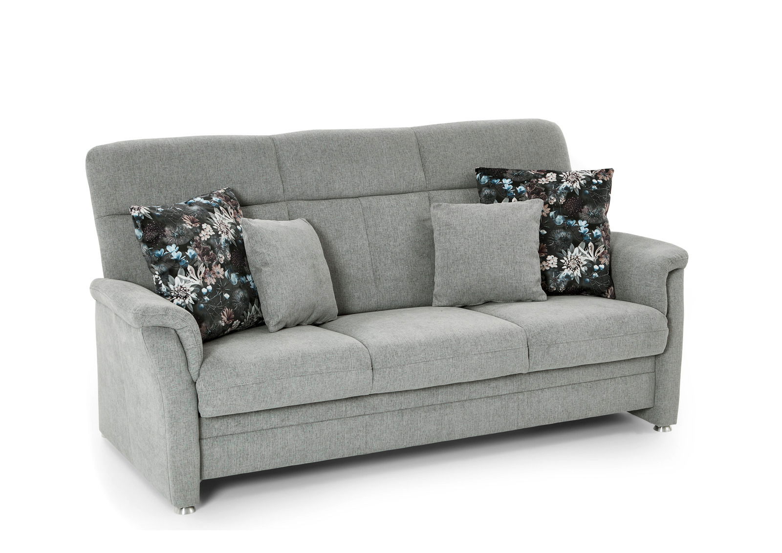 Graues 3-Sitzer-Sofa Beldomo ZARA mit zwei gemusterten und zwei einfarbigen Kissen, Frontalansicht.