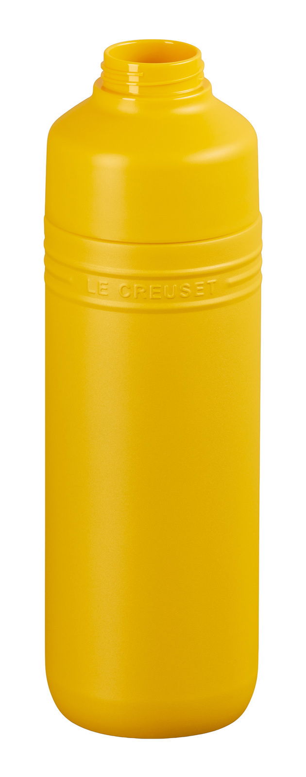 Gelbe Trinkflasche aus Kunststoff mit geprägtem Logo, Vorderansicht