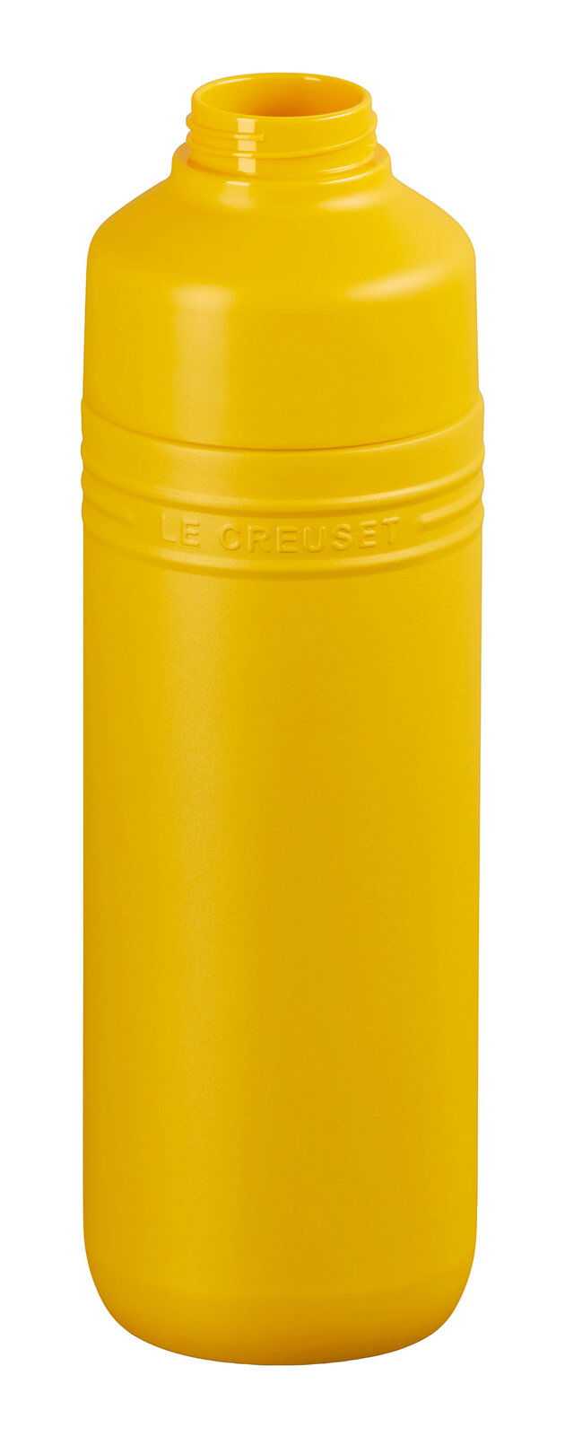 Gelbe Trinkflasche aus Kunststoff mit geprägtem Logo, Vorderansicht