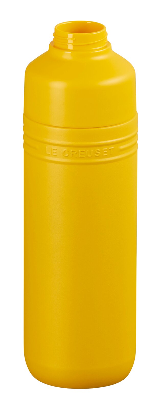 Gelbe Trinkflasche aus Kunststoff mit geprägtem Logo, Vorderansicht