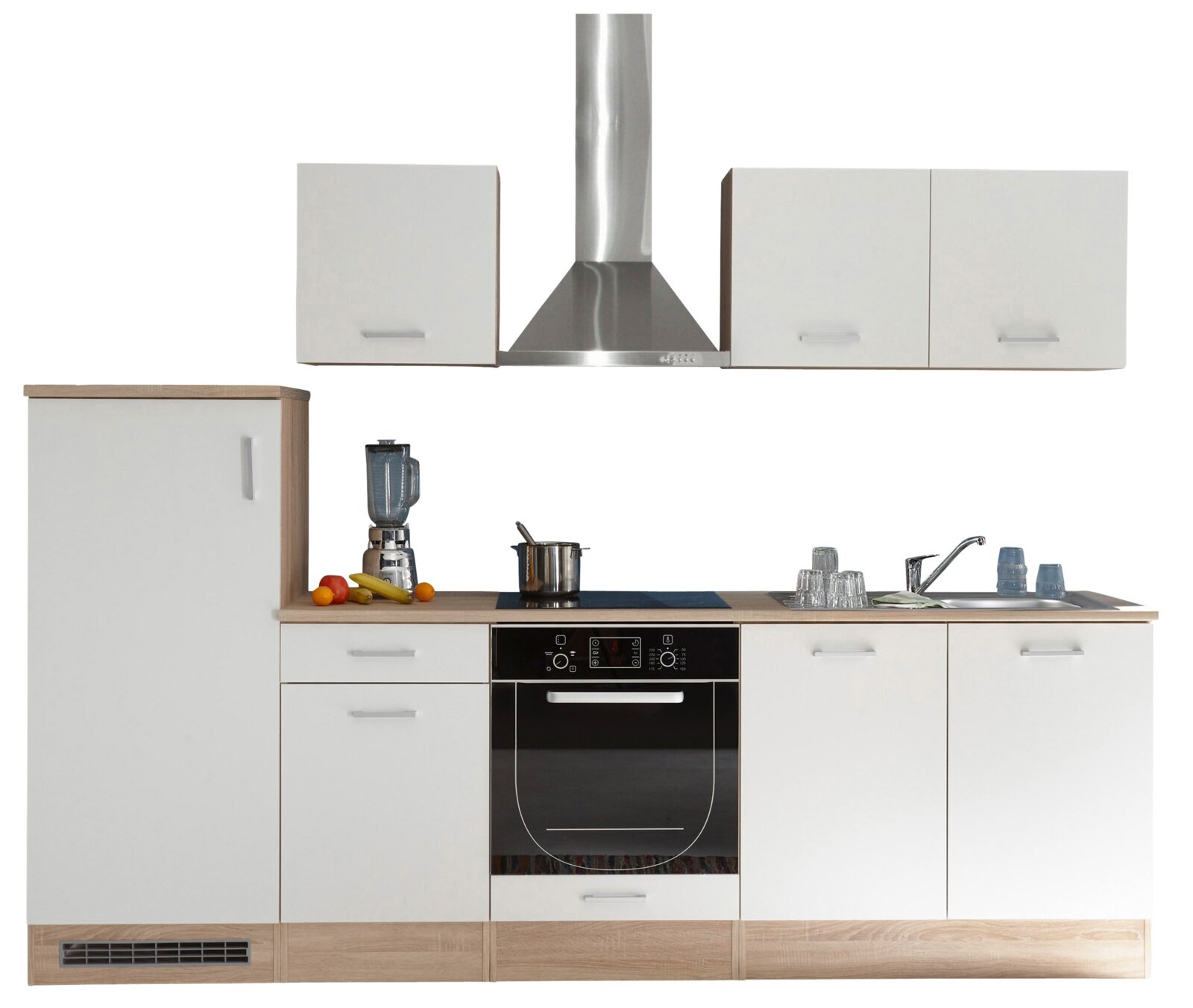 Moderne Küchenzeile mit weißem Hochglanzfinish, bestehend aus Hängeschränken, Herd, Spüle und Dunstabzugshaube, frontal abgebildet.