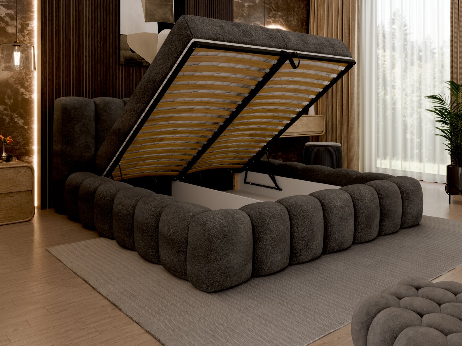 Polsterbett mit hochgeklappter Matratze, seitliche Perspektive, modernes Design in einem stilvollen Schlafzimmer.