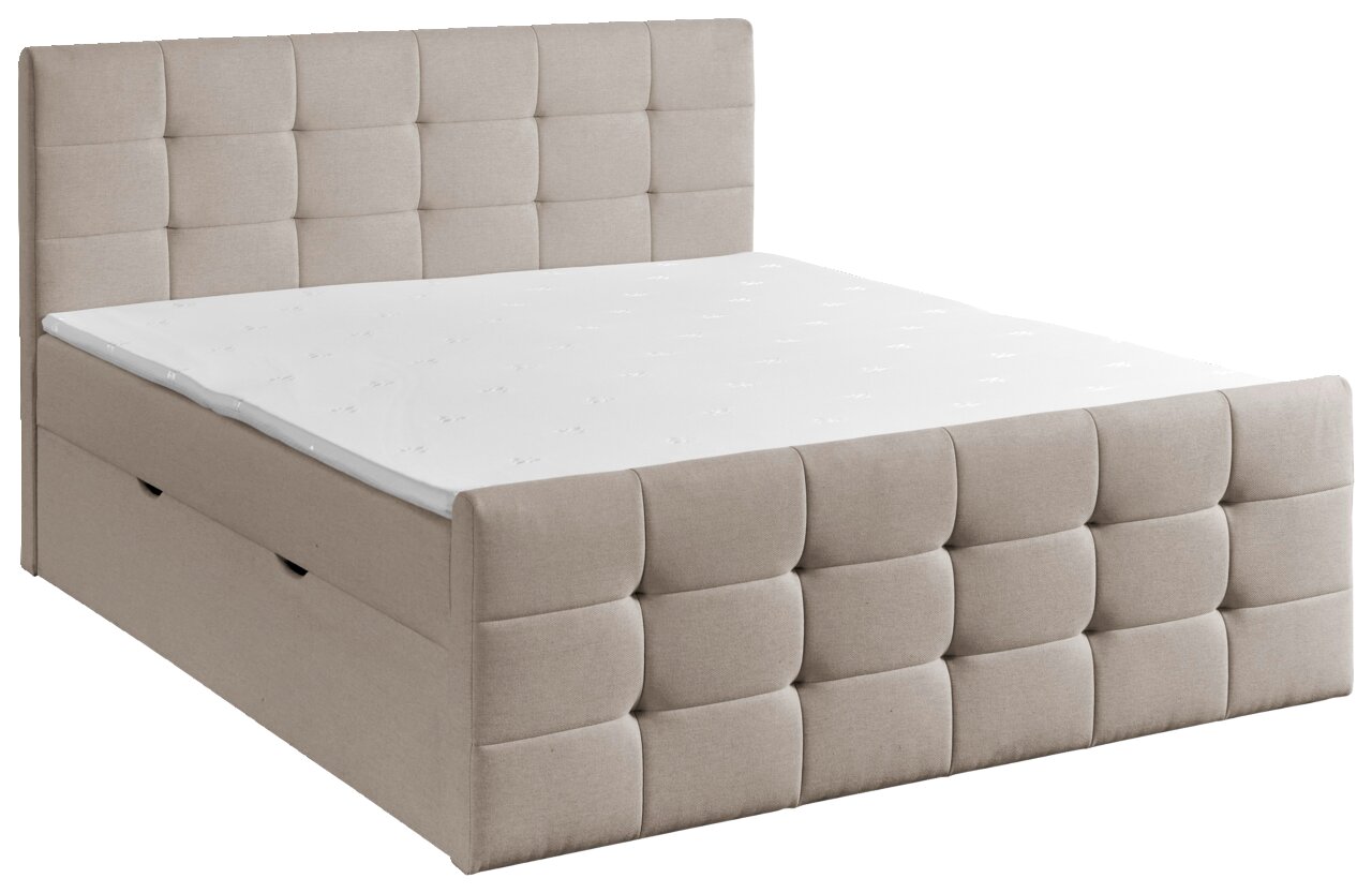 Boxbett mit gepolstertem Kopfteil und Stauraum, seitliche Perspektive