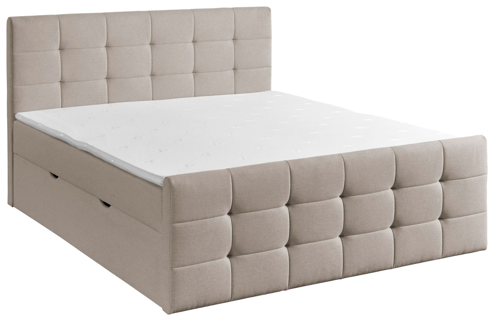 Boxbett mit gepolstertem Kopfteil und Stauraum, seitliche Perspektive