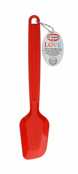 Roter Silikon-Teigschaber von Dr. Oetker, 28 cm lang, mit ergonomischem Griff und Aufhängeloch, frontal abgebildet.