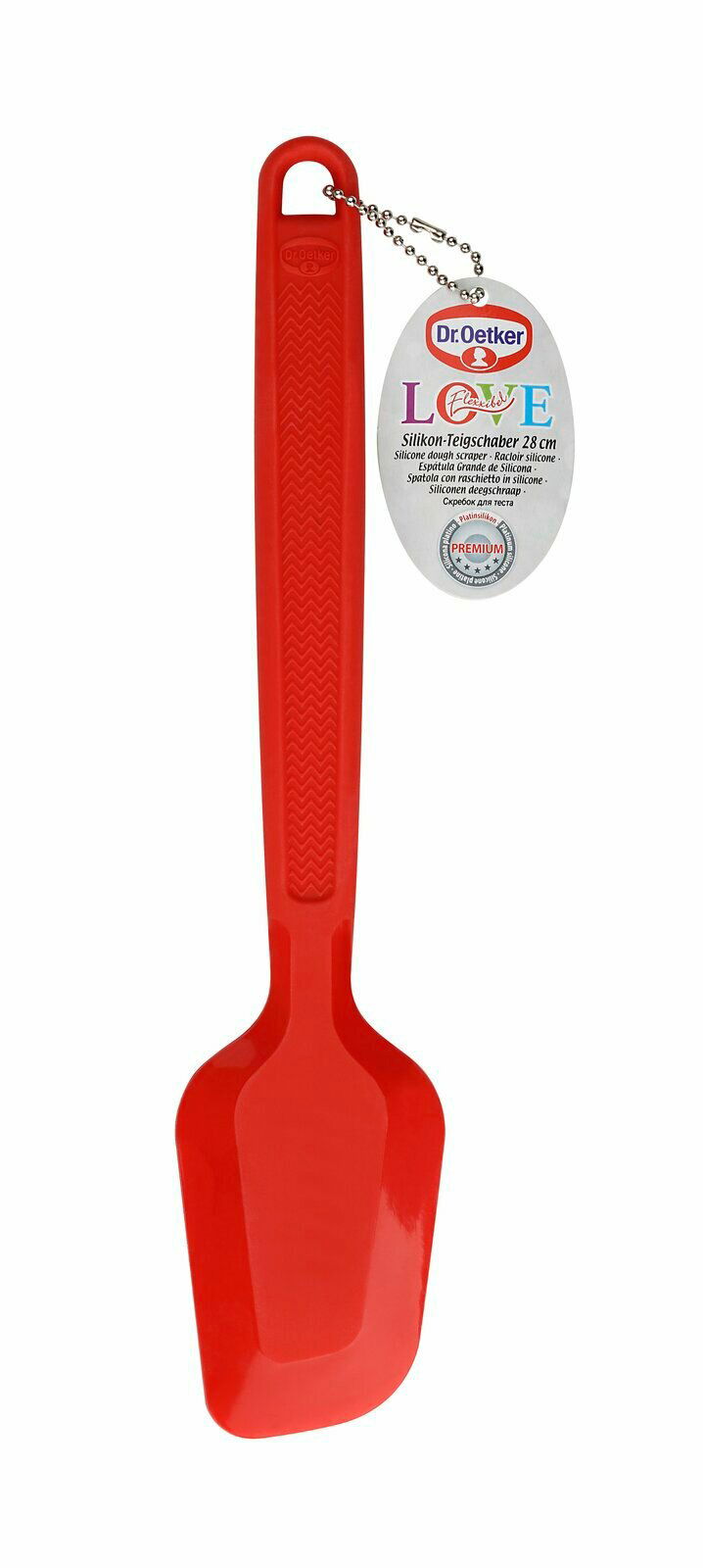 Dr. Oetker Silikon-Teigschaber Roter Silikon-Teigschaber von Dr. Oetker, 28 cm lang, mit ergonomischem Griff und Aufhängeloch, frontal abgebildet.