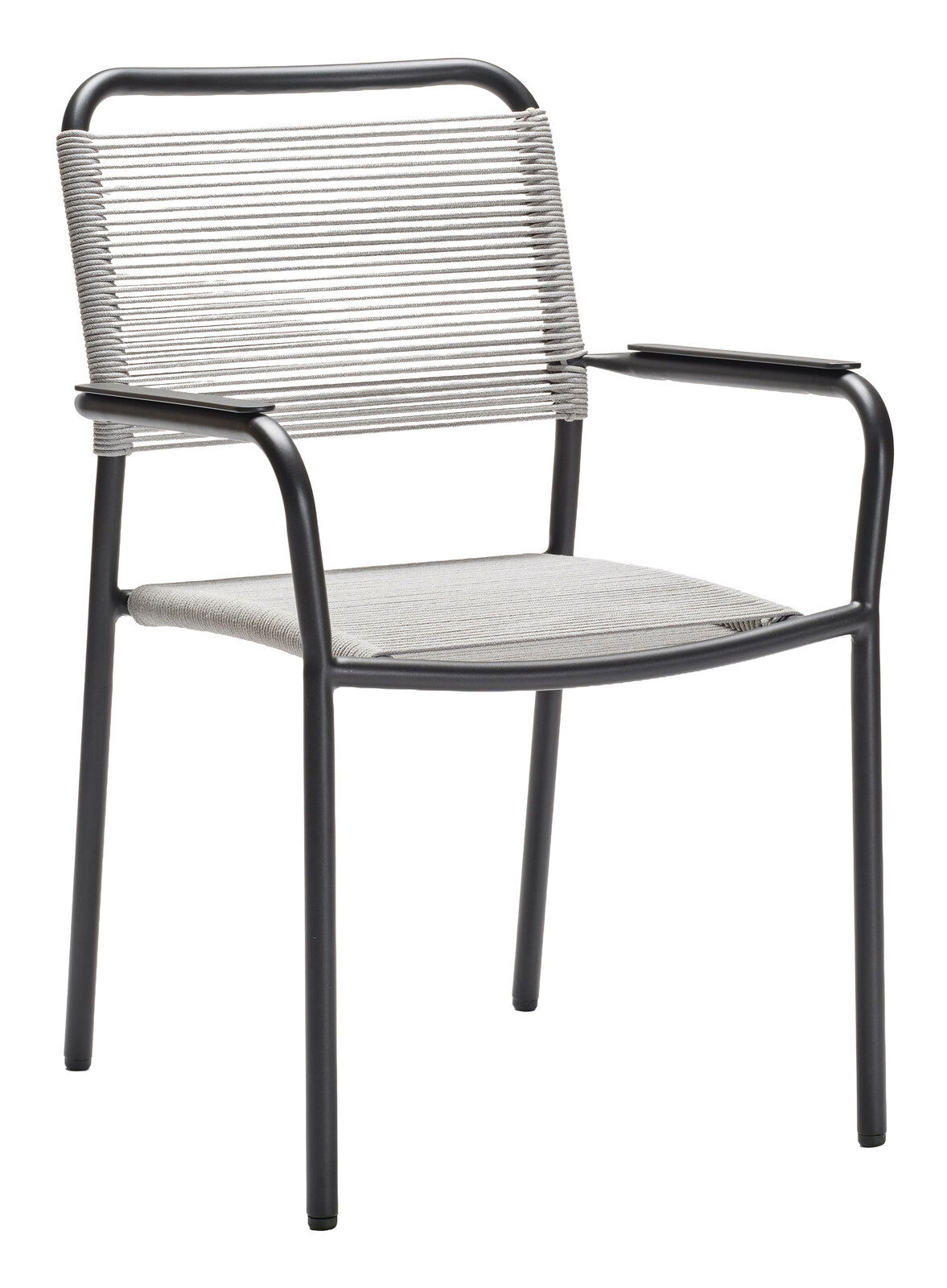 Moderner Stapelsessel mit schwarzem Metallrahmen und grauer Seilbespannung, seitliche Perspektive