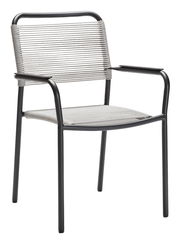 Moderner Stapelsessel mit schwarzem Metallrahmen und grauer Seilbespannung, seitliche Perspektive