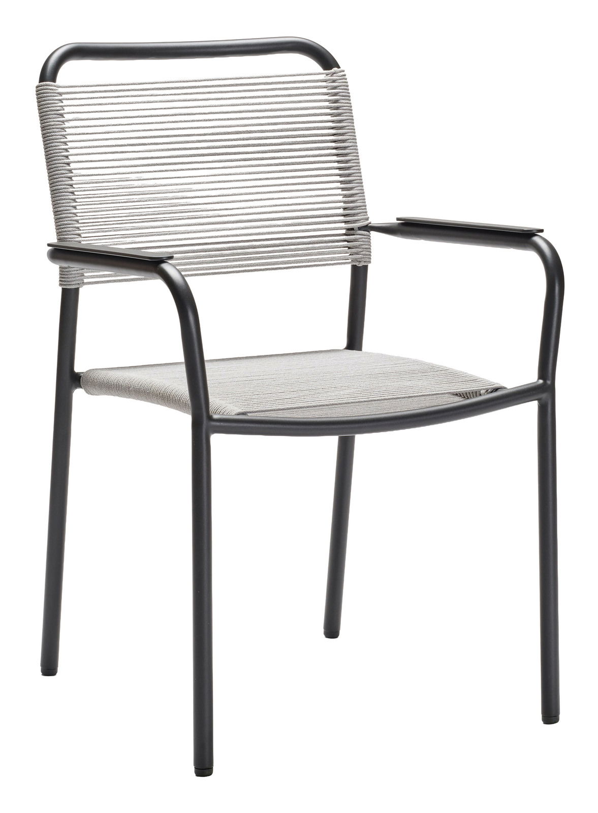 Moderner Stapelsessel mit schwarzem Metallrahmen und grauer Seilbespannung, seitliche Perspektive