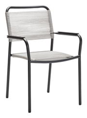 Moderner Stapelsessel mit schwarzem Metallrahmen und grauer Seilbespannung, seitliche Perspektive